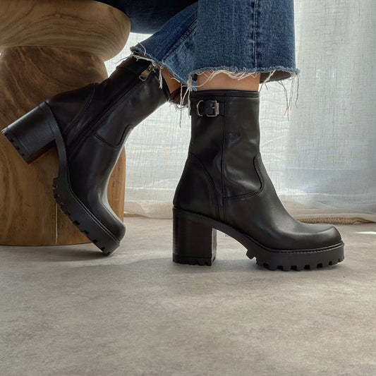 Bottines Biker Femme en Cuir à Talon – Noir
