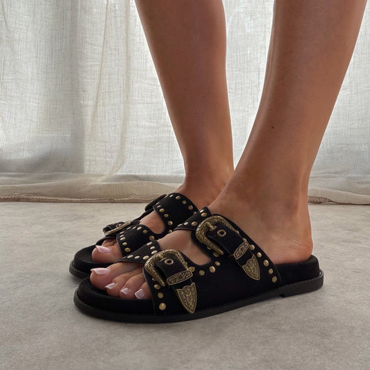Mules à boucles western cloutées effet suédine - Noir