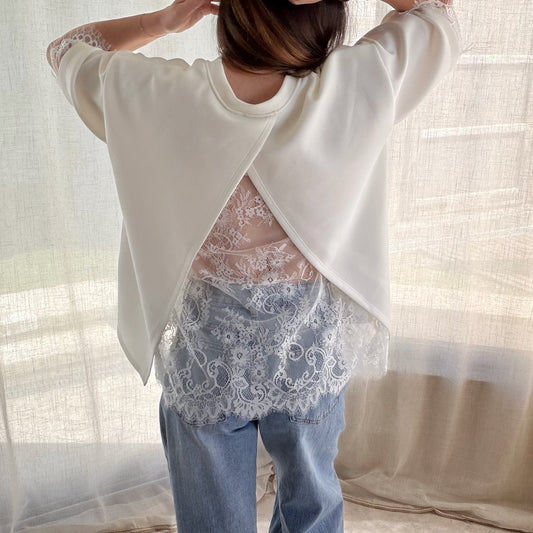 T-shirt blanc dos ouvert dentelle – Coupe oversize