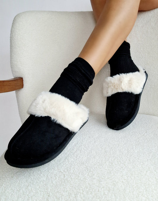 Black furry slippers