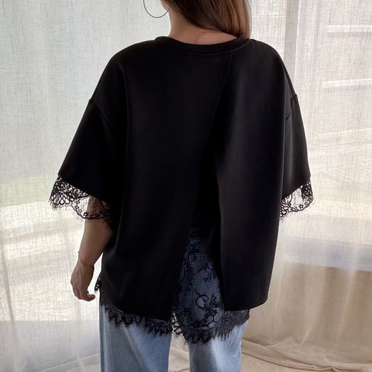 T-shirt noir dos ouvert dentelle – Coupe oversize