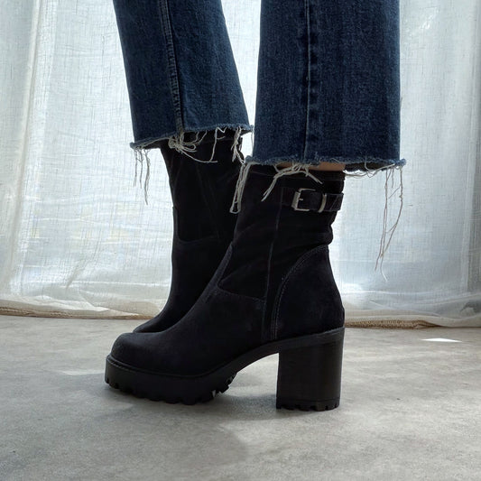 Bottines Biker Femme en Cuir Velours à Talon – Bleu Marine