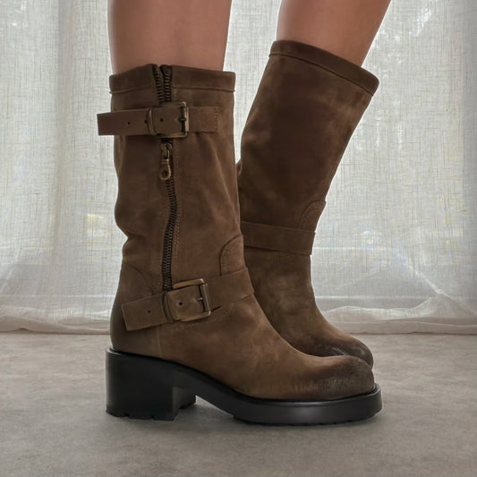 Bottes biker femme Camoscio en cuir – Taupe | Semerdjian
