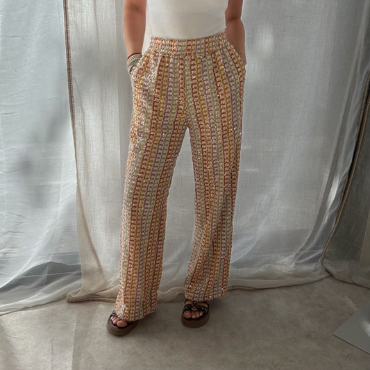 Pantalon bohème crochet multicolore à sequins