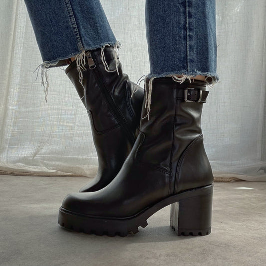Bottines Biker Femme en Cuir à Talon – Noir