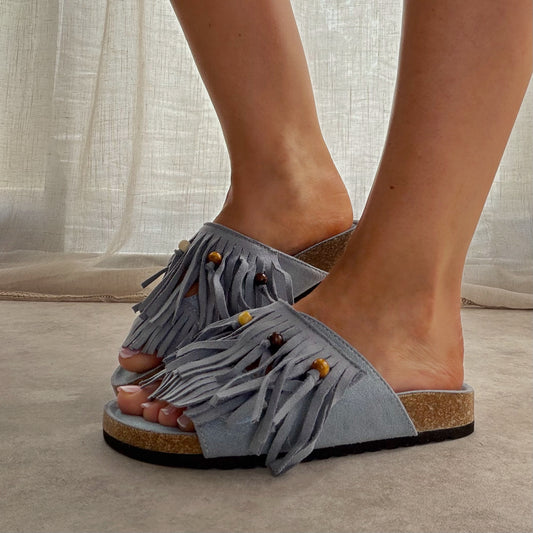 Mules à scratch à franges effet suédine – style bohème - Bleu Ciel