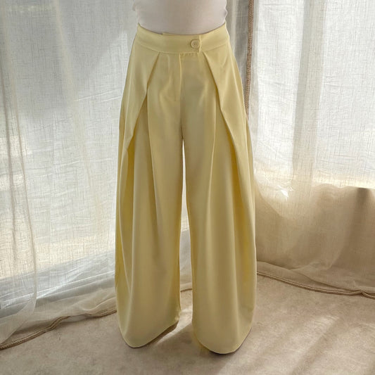 Pantalon large fluide taille haute jaune pastel