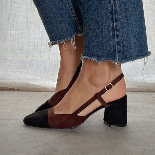 Slingback Femme Talon Carré 7 cm – Chocolat & Noir