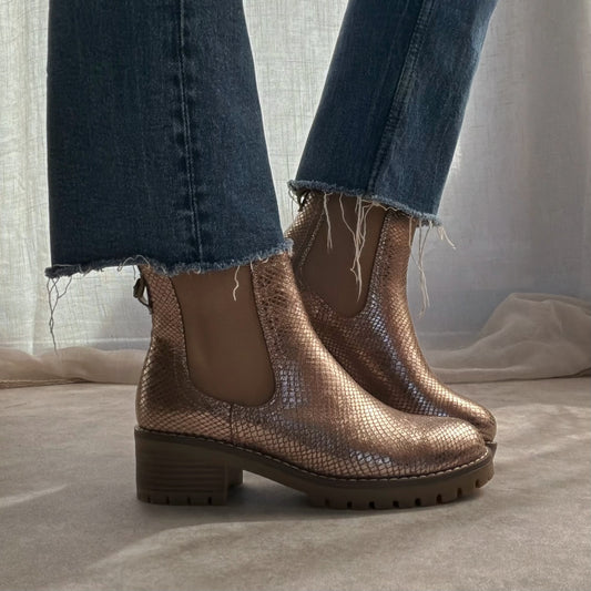 Chelsea Boots Femme Effet Craquelé Beige Doré