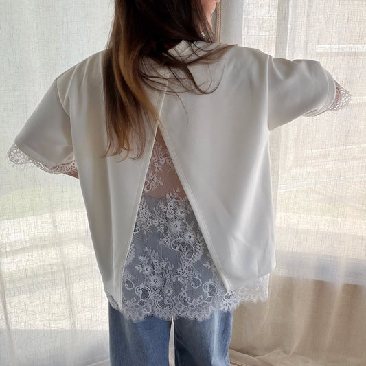 T-shirt blanc dos ouvert dentelle – Coupe oversize