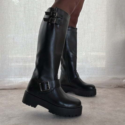 Bottes Femme Noires Biker à Sangles & Plateforme