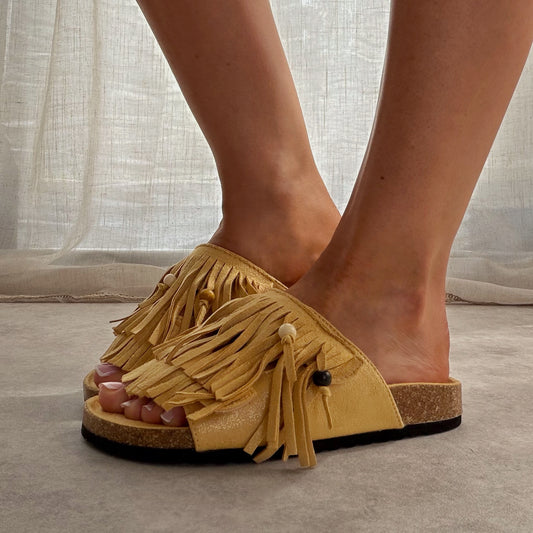 Mules à scratch à franges effet suédine – style bohème - Jaune