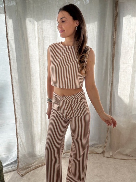 ✨ Top sans manches rayé – Taupe / terracotta