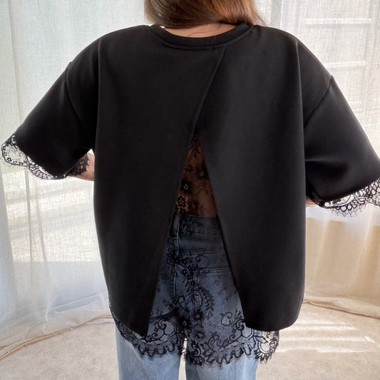 T-shirt noir dos ouvert dentelle – Coupe oversize