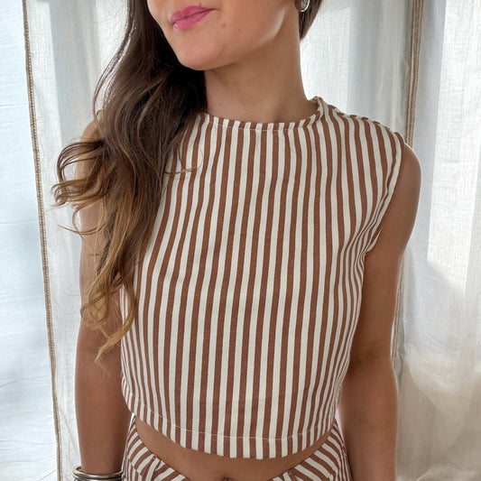 ✨ Top sans manches rayé – Taupe / terracotta