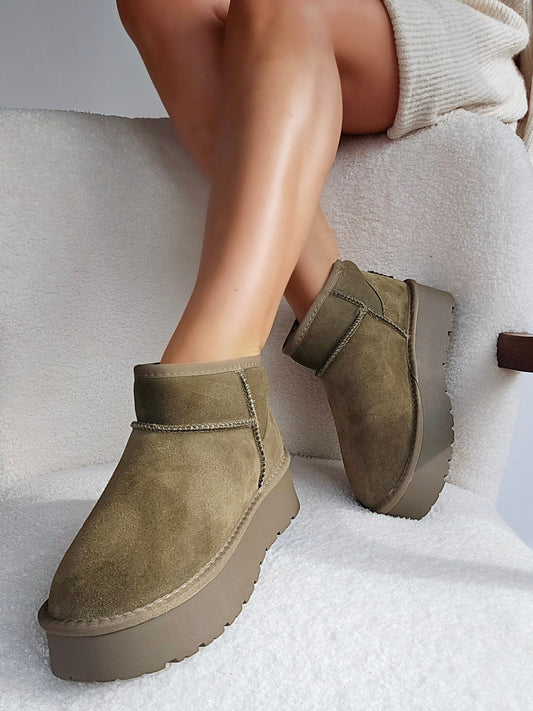 Boots plate-forme en cuir kaki, intérieur fourré – Apportez une touche de style