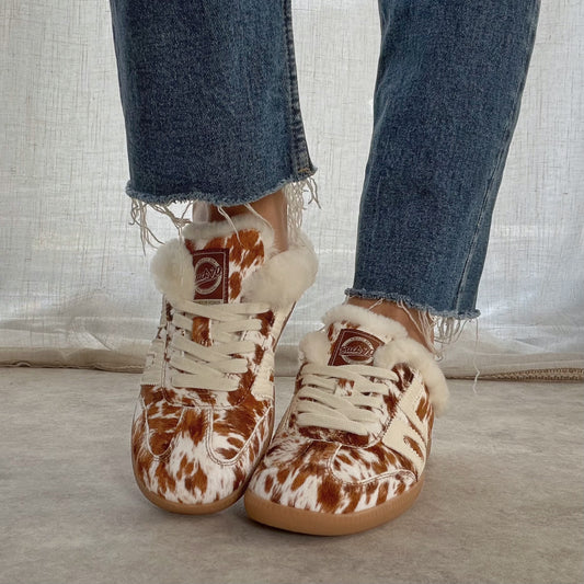 Mule basket Back70 fourrée en cuir façon poulain imprimé vache – Femme