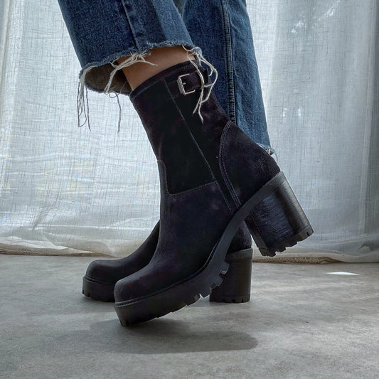 Bottines Biker Femme en Cuir Velours à Talon – Bleu Marine