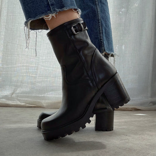 Bottines Biker Femme en Cuir à Talon – Noir