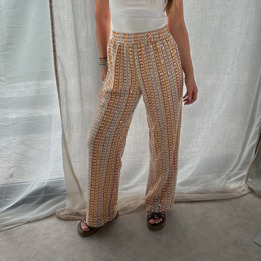 Pantalon bohème crochet multicolore à sequins