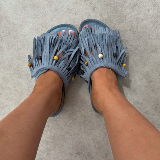 Mules à scratch à franges effet suédine – style bohème - Bleu Ciel