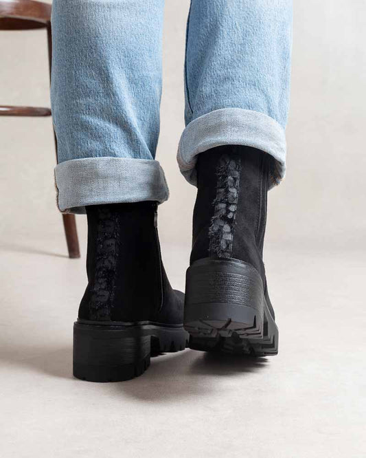 Boots femme semelle crantée – détail imprimé léopard arrière Noir