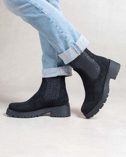 Boots femme semelle fine façon Chelsea – détail élastique léopard Noir