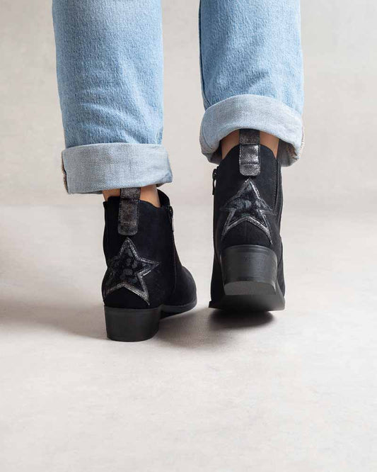 Bottines femme fines façon Chelsea – étoile arrière imprimé léopard Noir