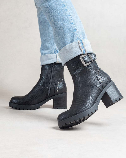 Boots biker femme à boucle effet croco Noir