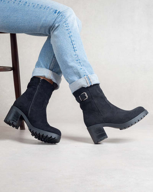 Boots femme à talon bloc avec boucle suédine Noir