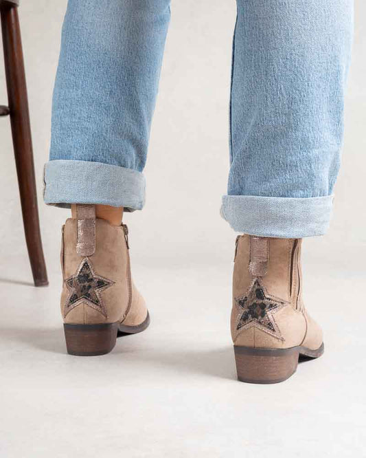 Bottines femme fines façon Chelsea – étoile arrière imprimé léopard Beige