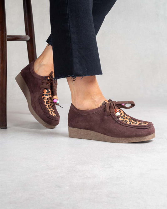 Derbies suédine à perles - Marron détails léopard
