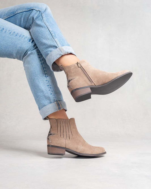 Bottines femme fines façon Chelsea – étoile arrière imprimé léopard Beige