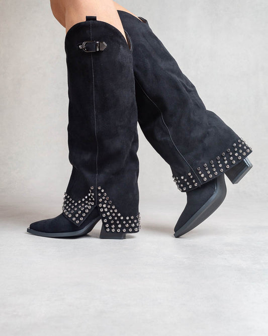Bottes hautes western cloutées – suédine Noir