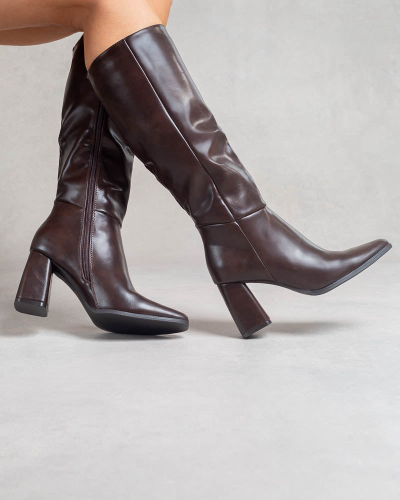 Bottes hautes à talon bloc – Simili cuir Chocolat