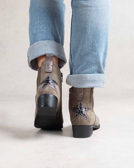 Bottines femme fines façon Chelsea – étoile arrière imprimé léopard Kaki