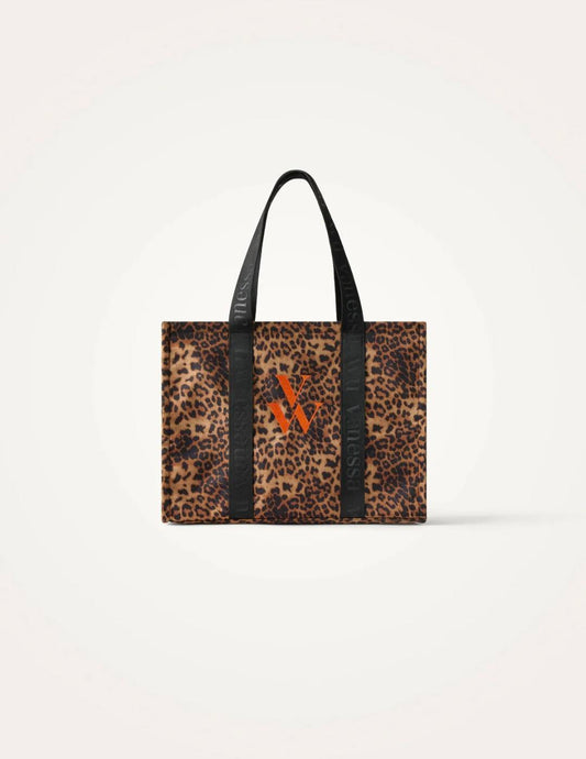 Sac cabas CARLA en tweed imprimé léopard & monogramme orange – Vanessa Wu