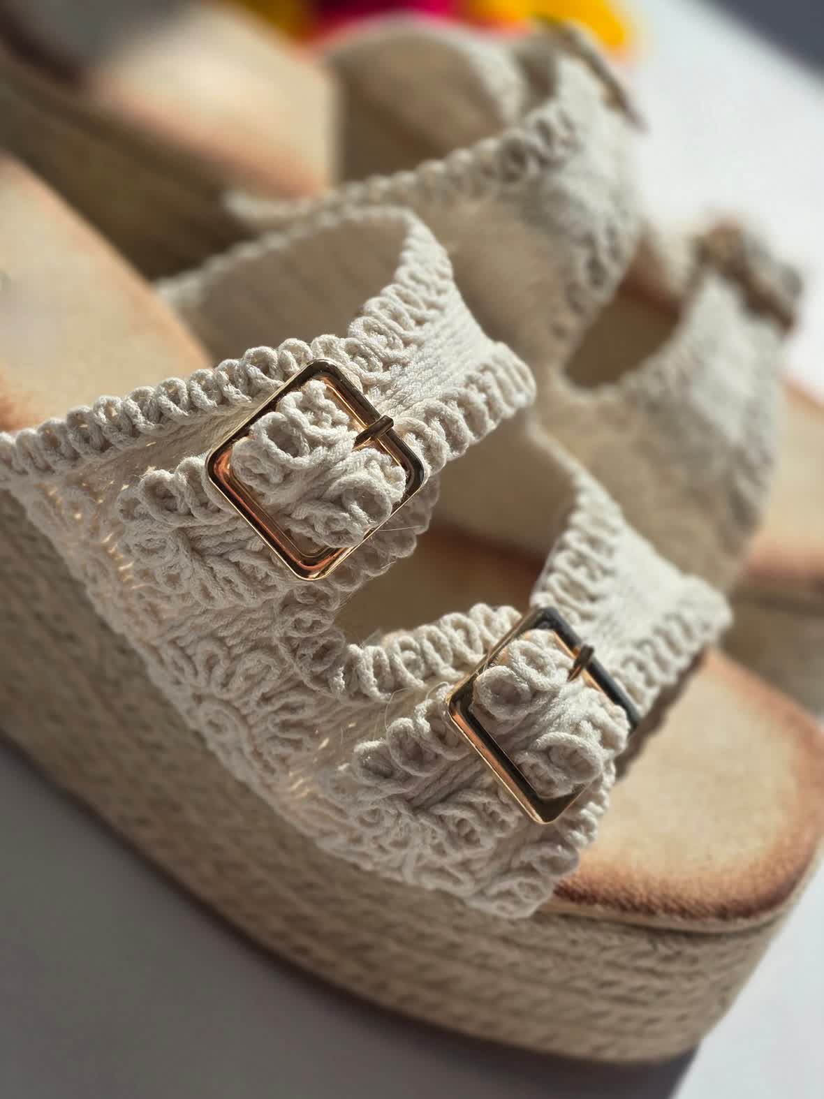 Mules espadrilles plateau doubles boucles Dentelle Beige