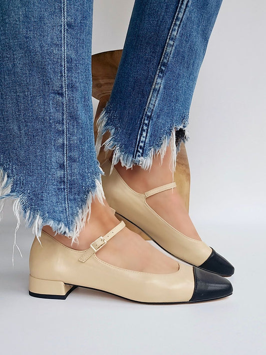 Ballerines babbies petit talon Corina Beige & Noir