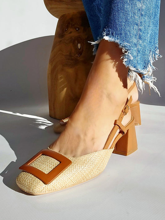 Escarpins slingbacks raphia Camel