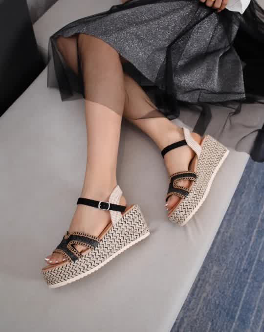 Espadrilles Compensées bride H Brodée Noir