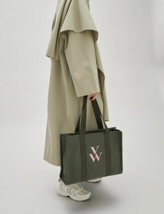 Sac cabas CARLA en toile kaki & broderie rose – Vanessa Wu