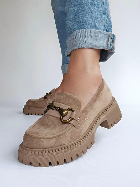 Mocassins suedine semelle épaisse boucle doré Taupe