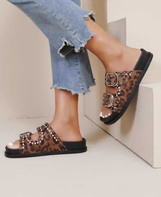 Mules doubles boucles Rivets Léopard