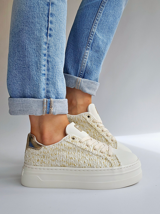 Basket semelle plate-forme extra légère Tweed Blanc & Doré