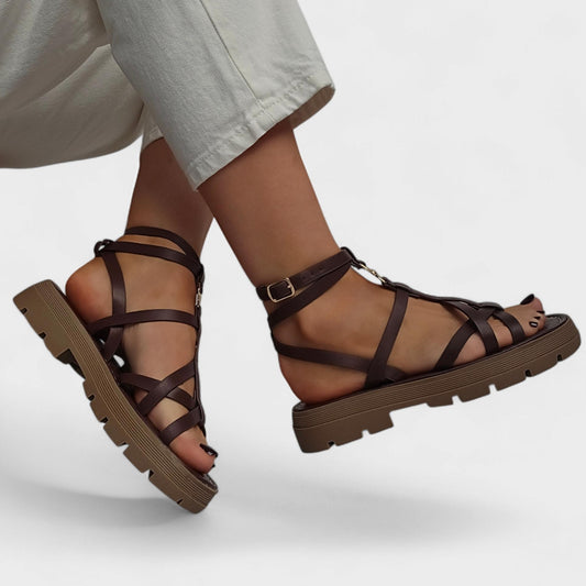 Sandales spartiates à brides fines soleil – Marron