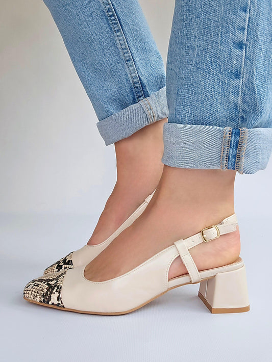 Escarpins slingback petit talon bi-matière Beige & effet python