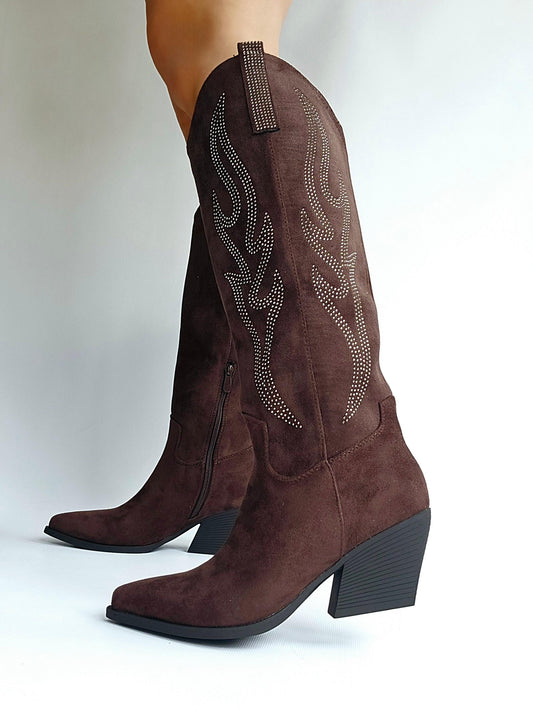 Bottes santiags détails flamme strass Marron