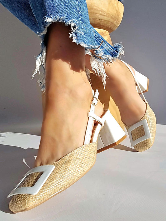 Escarpins slingbacks raphia Blanc