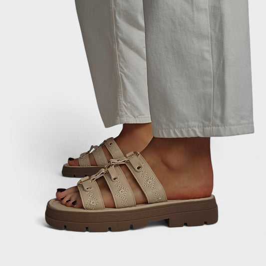 Mules à brides brodées soleil - Beige